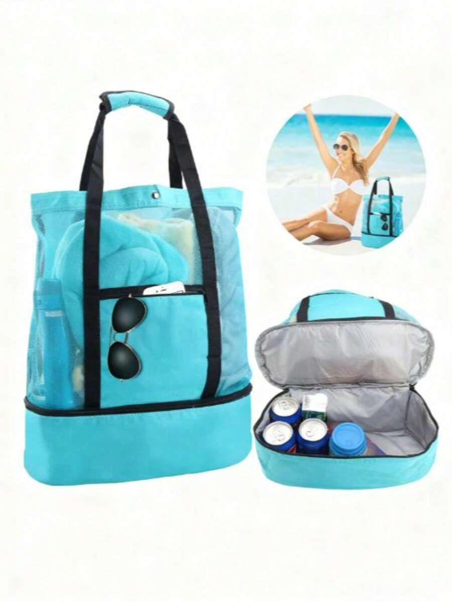 1pc Oversized Mesh Beach Bag - Anti-Sand Swimming Tote Bag, Extra Large Capacity, Suitable For Family Use, Foldable & Lightweight, With Zipper And Extra Pockets, Can Carry Toys And Beach Vacation Essentials - Multicolor - View 1