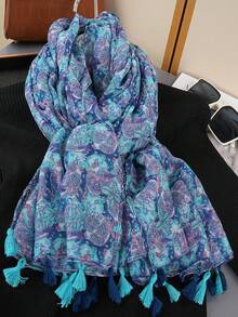 1条波西米亚简约印花围巾，时尚女士披肩，新款户外度假防晒沙滩巾，棉麻质感复古流苏围巾 - 彩色 - 查看 2