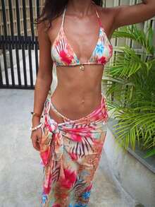 3pcs Women's Sexy Floral Print Bikini Set With Tie-Up Back And Mesh Skirt, Summer Vacation Beach - 多色 2 - 查看 2