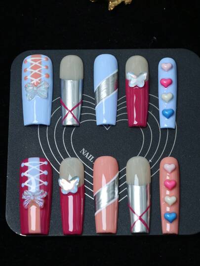 CrystalHola Handmade Coffin-Shaped Nails, Y2K Style Nails, Spring/Summer, Blue & Red Color With Rhinestones, 3D Hearts, Metallic Texture, Hand-Painted Lines, French Tips, Pure Handmade Nails. Suitable For Women And Girls. 10 Pieces/Set, 3 Sizes. Fits Parties, Weddings, And Daily Wear. Includes Tools. Great Gift For Ladies' Nail Supplies.