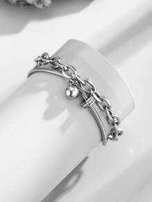 1pc Stainless Steel Rhinestone Hoop & Ball Pendant Dual-Layer Fashionable Versatile Bracelet - Silver - View 1