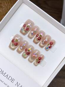 Pure Handmade Press-On Nails, Square Nail Shape, Hand-Painted Cat Eye Cherry Press-On Nails, Y2K, Minimalist Design Nail Art, Fulr Fake Nails, Y2K Nails, Stamping Nail Art, Unique Niche Creative Fake Nails, Daily Nail Art, Daily Use, Summer And Spring Nails - Multicolor - View 2