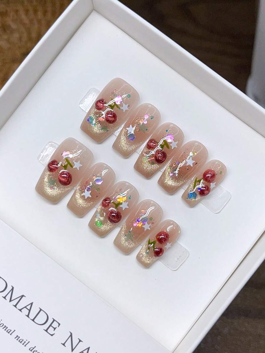 Pure Handmade Press-On Nails, Square Nail Shape, Hand-Painted Cat Eye Cherry Press-On Nails, Y2K, Minimalist Design Nail Art, Fulr Fake Nails, Y2K Nails, Stamping Nail Art, Unique Niche Creative Fake Nails, Daily Nail Art, Daily Use, Summer And Spring Nails