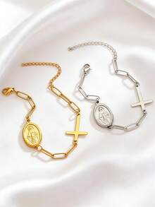 1pc Stainless Steel Jewelry Bracelet, Versatile Cross & Saint Design, Minimalist Elegant High-End Elegant, Suitable For Women's Daily, Party, And Gift Giving - Multicolor - View 1