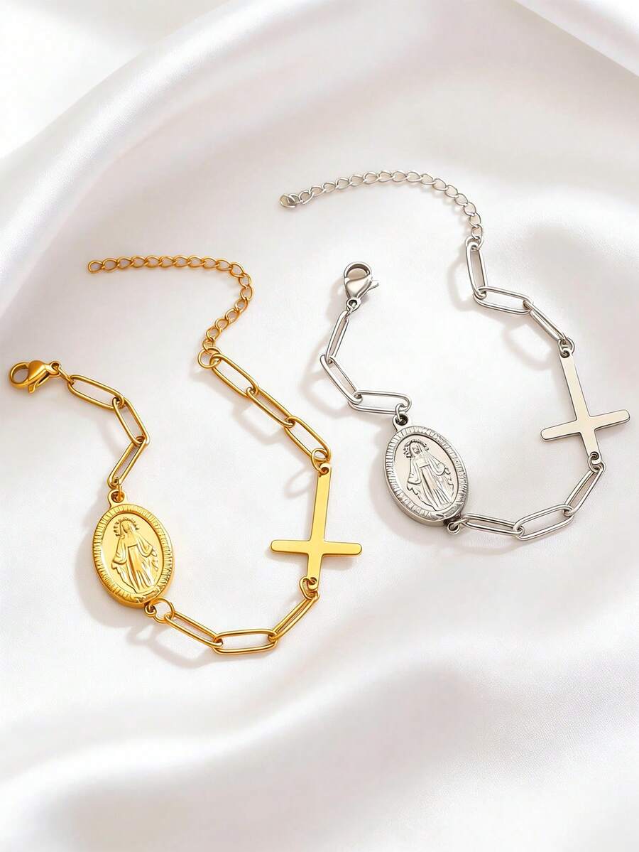 1pc Stainless Steel Jewelry Bracelet, Versatile Cross & Saint Design, Minimalist Elegant High-End Elegant, Suitable For Women's Daily, Party, And Gift Giving - Multicolor - View 1
