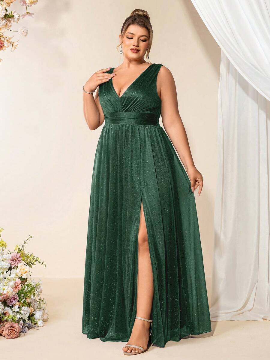 Váy phù dâu dáng chữ A cổ chữ V không tay chất liệu voan size lớn cho mùa hè, đầm dạ hội xẻ đùi cao thanh lịch, dùng cho sinh nhật, váy khách mời đám cưới - Màu xanh lá cây đậm - Xem 1