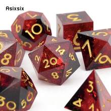 Juego de 7 dados de resina roja con bordes dorados y múltiples facetas, adecuado para juegos de rol RPG y juegos de mesa - Albaricoque - Ver 5
