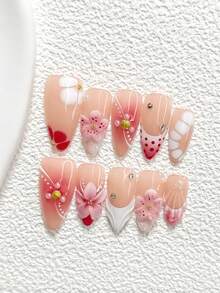 10件套精美春夏亚克力美甲套装，包含金色3D贝壳、手工制作的五瓣浅粉色花朵美甲装饰、手绘棕色波点、白色条纹、水波纹、白色斑马纹、白色指甲油，适合日常、派对、拍照、办公等场合，附赠1张果冻贴纸和1把指甲锉，提供3种尺寸，适合杏仁形和尖形指甲。 - 彩色 - 查看 3