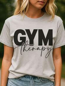 Women's Summer Casual Soft 100% Cotton Crew Neck Short Sleeve Black T-Shirt,Gym Therapy Print Design Pattern2026 - Grey - View 7