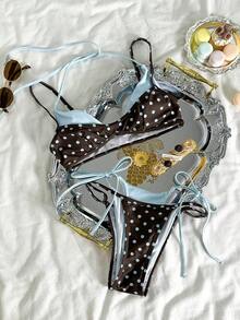 Women's Retro Polka Dot & Pork Chop Print Sexy Bikini Set, Light Blue & Brown Polka Dot Asymmetric A-Line Sleeveless Short Bikini, Suitable For Winter, Outings, Birthday, Casual, Millennium, Western Style, Nightclub, Beach - 藍棕色 - 查看 6