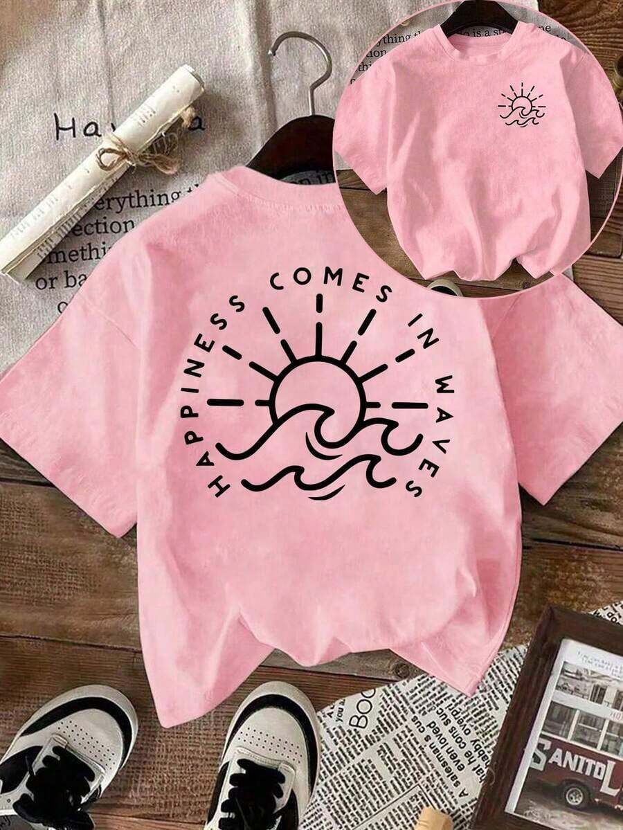 Plus Size Women Summer Casual Vacation Daily Commute Simple Drawing Sun Wave Letter Print Loose Fit T-Shirt Comfy Sets Summer Women Summer Lounge Set Cute Summer Sets Summer Clothes Set Summer Matching Set-New Minimalist-Style Summer And Autumn Apparel - 粉色 - 查看 1