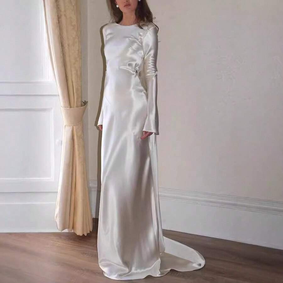 Halter Solid Color Round Neck Long Skirt Fishtail - Ivory White - View 1