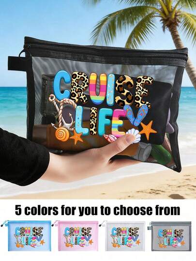 时尚网眼化妆包，“邮轮生活”图案印花网眼包，网眼沙滩包手提袋，网眼化妆品收纳包，可折叠大容量防水防沙游泳沙滩包，个性化礼品袋，化妆包，旅行收纳包，适合婚礼、度假和日常使用，是送给女性、母亲、老师、朋友、伴娘、返校的个性化生日礼物。
