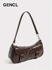 Bolso de hombro vintage de color sólido de moda, adecuado para viajes y desplazamientos diarios. - Café integral - Ver 3