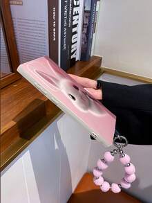 1pc Cute Fluffy White Rabbit Pattern TPU Soft Phone Case With Dusty Pink Tone, And 1pc Fashionable Fuzzy Pom Pom Wrist Strap Lanyard, Suitable For Samsung A14/A54/A56/A31 4G/A23, A98, S24/S25 Ultra, A5 13C/14C, Note 14/15 Pro 4G, K60 Ultra - Multicolor - View 3