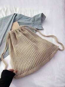 2026 Spring/Summer Hollow Out Stylish Net Tote Bag, Large Capacity Woven Drawstring Backpack, Casual Minimalist Straw Bag For Women - Khaki - View 6