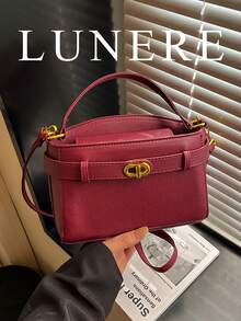 New Burgundy Solid Color Elegant Portable Handbag For Women - Burgundy - View 12