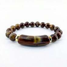 1pc Men's Natural Stone Mahjong Tiger Eye Bracelet, Suitable For Daily Wear - Coffee Brown - View 4