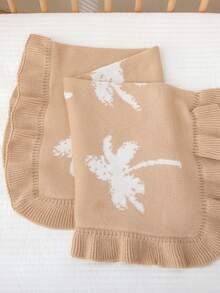 1pc Baby Cotton Knitted Blanket, Stroller Blanket With Cartoon Palm Tree & Ruffle Edge, Suitable For All Seasons - Camel - View 3