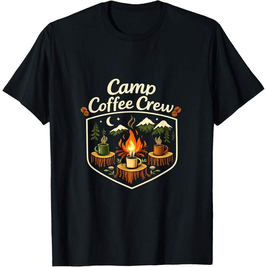 Camp Coffee Crew Camping Mountain Badge Graphic T-Shirt All Seasons,220g Pure Cotton Single-Sided Printed Crew Neck Short-Sleeved T-Shirt,Unisex Top,Base Layer - Màu 8 - Xem 1