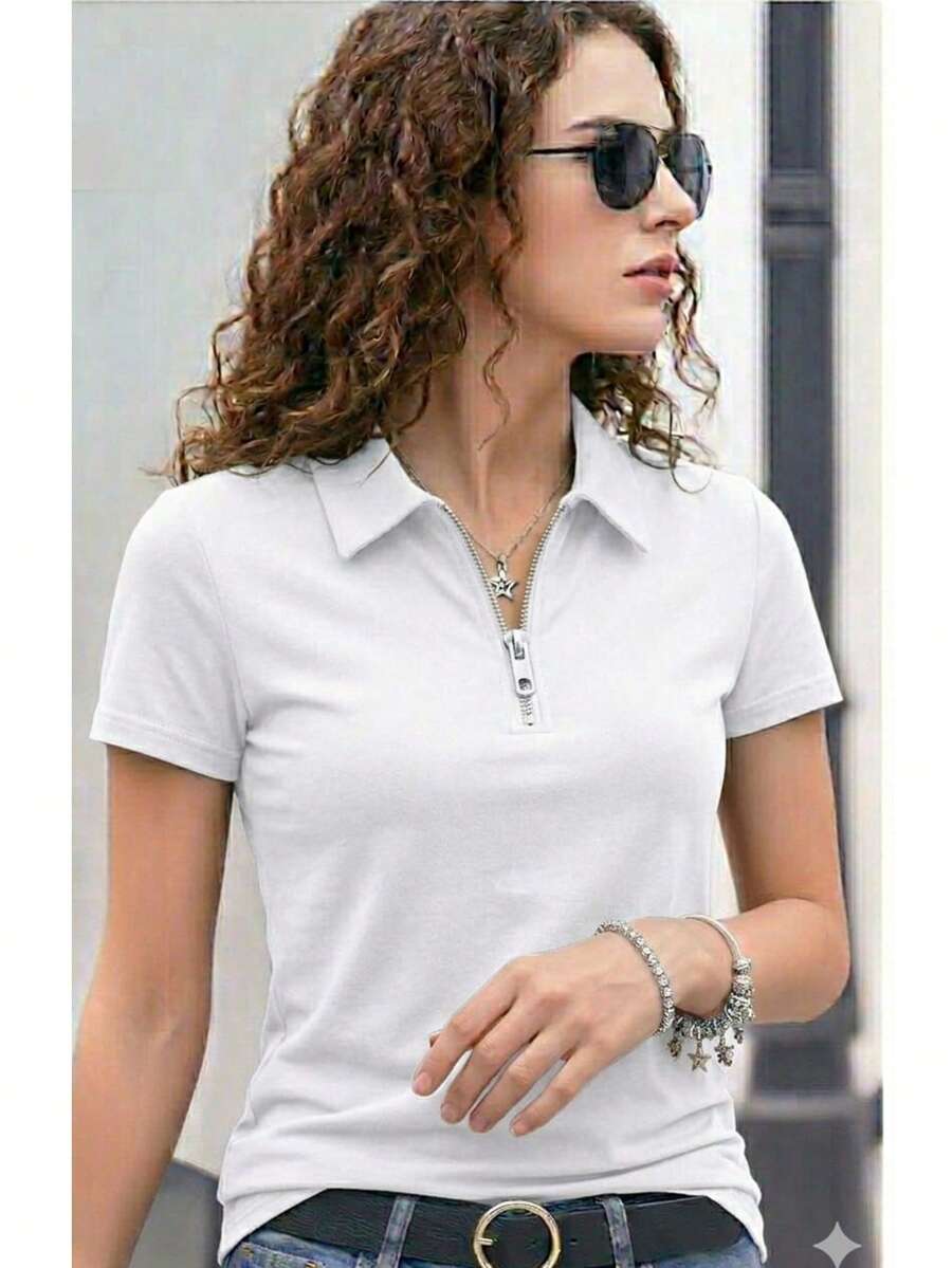 Women's Premium Polo Shirt With Zipper - White - View 1