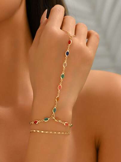 2pcs/Set Elegant Colorful Crystal Finger Chain Bracelet Set, Casual Minimalist Design, Suitable For Women To Wear Separately Or Layer, Suitable For Daily Decoration, Dating And Photo Shoots. Handmade Chain Length And Color Combination Are Random.