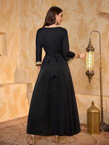 SUPGIR Women's V-Neck Straight Sleeve Chiffon Camisole Waist Design Elegant Slim Fit Evening Dress - Black - View 2