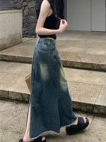 复古简约A字型毛边开衩牛仔长裙，百搭设计 - 藍色 - 查看 5