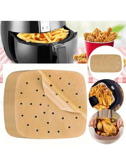 50片装方形空气炸锅烘焙纸垫，一次性不粘食品烘焙垫，适用于空气炸锅、烤箱和蒸锅，耐热，易于清洁且受热均匀，空气炸锅配件（6英寸、6.5英寸、7英寸、7.5英寸、8英寸，5种尺寸可选）