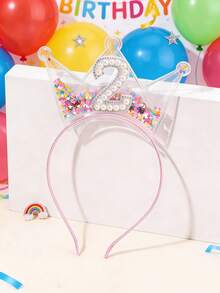 1pc Girls' Crown Birthday Headband, Suitable For 1-5 Years Old, Decorated With Sequins, Pearls And Rhinestones, Sweet Princess Style Hair Accessory, Birthday Party Gift For Girls - Multicolor - View 4