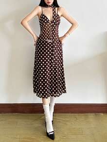 Kliou 女士夏季优雅简约基本款波点中长 A 字裙，2026 时尚简约下装 - 棕色 - 查看 1