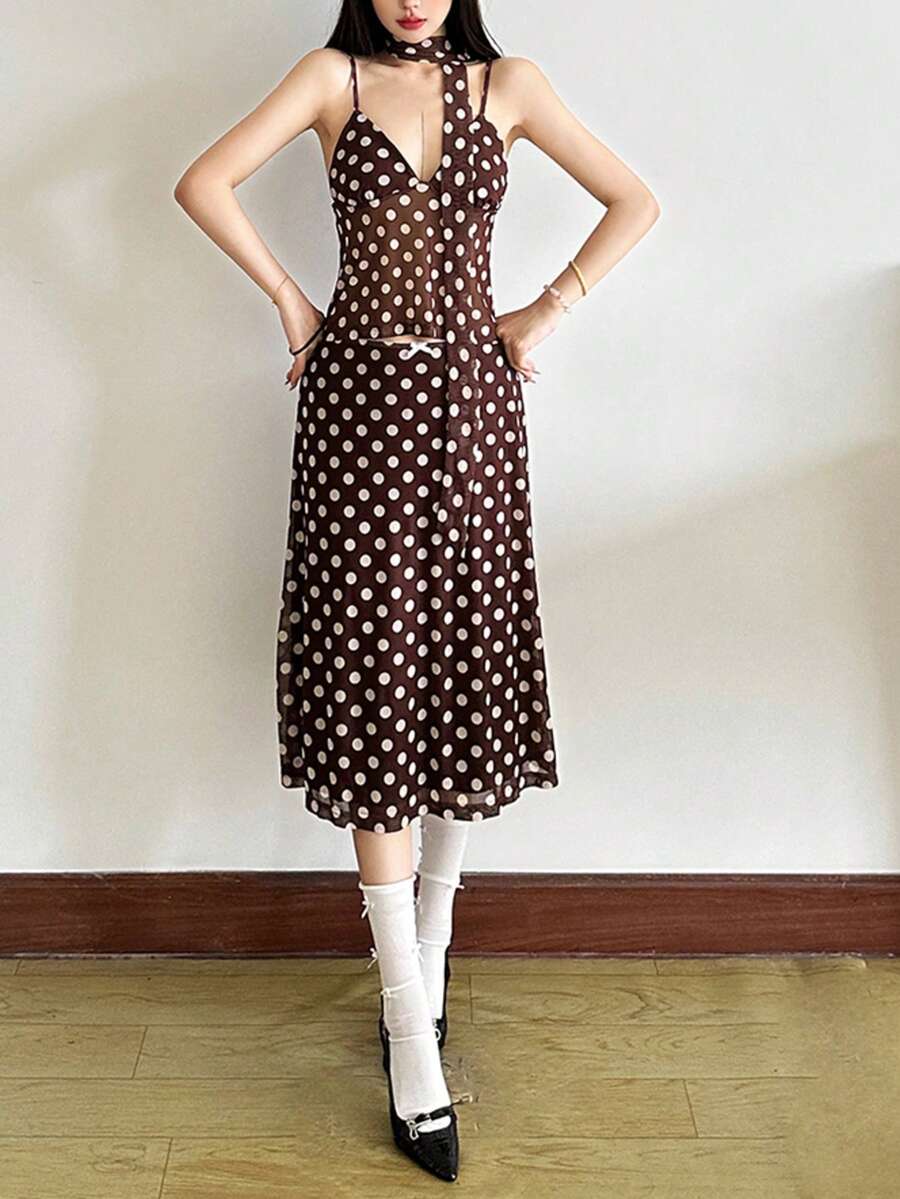 Kliou 女士夏季优雅简约基本款波点中长 A 字裙，2026 时尚简约下装 - 棕色 - 查看 1