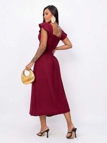 Women's Tailored Set: Cropped Top With Ruffled Sleeves, Midi Skirt With Front Slit, High Waist. Elegant Women's Fashion Set ✨ Casual, Vacation, Beach - 紅木色 - 查看 5