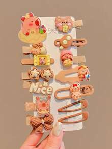 14pcs Capybara Side Clip, Woodland Style Brown Bangs Clip, Cute Hamster Hair Accessories - Multicolor - View 10