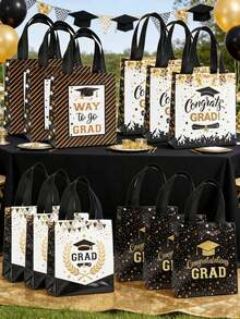12pcs Graduation Non-Woven Tote Bags, Black & Gold Color, Reusable, Printed With Gold "Congratulations Graduate" Text, Handles, Graduation Party Decor, Gift Bags, Graduation Party Supplies, Small Gifts, Seasonal Decor, Gift Packaging Bags - Graduation Season Gift Bags - View 2