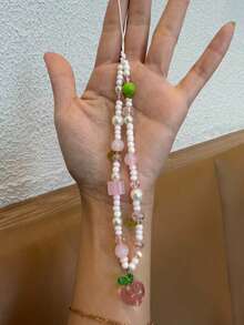 Pearl & Peach Blossom Handmade Beaded Phone Lanyard, Handmade Beaded Phone Case Strap, CCD Camera Pendant - Pink - View 1