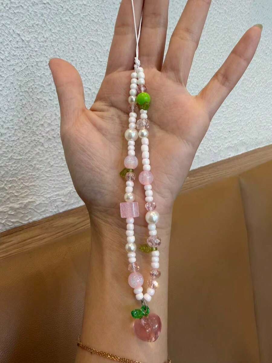 Pearl & Peach Blossom Handmade Beaded Phone Lanyard, Handmade Beaded Phone Case Strap, CCD Camera Pendant - Pink - View 1