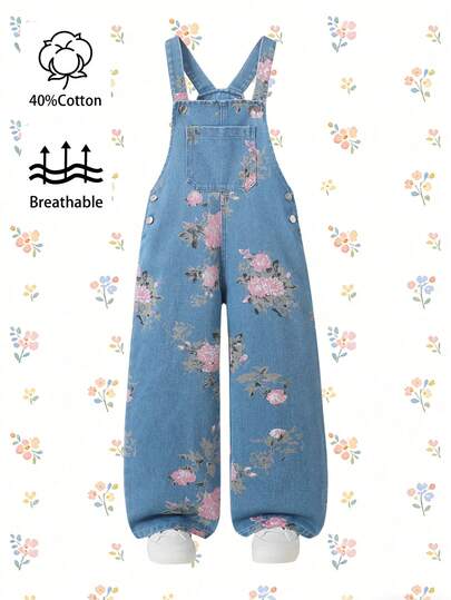 Girls' Retro Floral Print Sleeveless Jumpsuit, Loose Straight Leg Denim Bib Pants, Fashionable Vintage Style, Suitable For Spring, Summer, Autumn