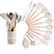 12 件套硅胶厨房用具套装，带木柄和储物锅，不粘烹饪工具套装包括锅铲、漏勺、汤勺、刷子、夹子、打蛋器 - 彩色 - 查看 17