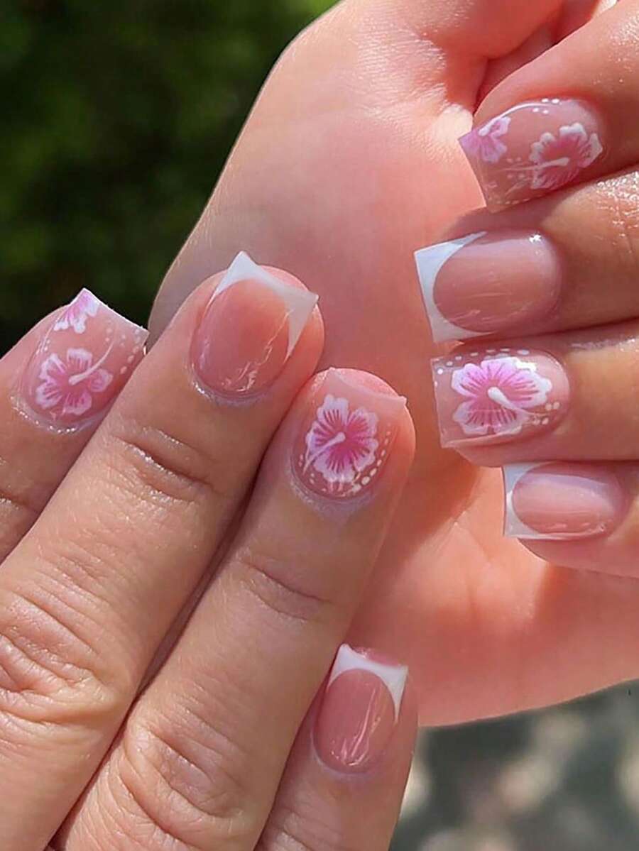 24 unhas postiças curtas quadradas com design de hibisco, estilo francês, com 1 gel e 1 lixa de unha. - Multicolorido - Ver 1