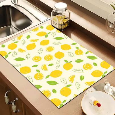 1pc Lemon Pattern Printed Absorbent Dish Drying Mat, Home Decor, Suitable For Espresso Machine, Sink, Faucet, Bathroom, Kitchen Accessories