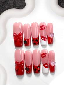 10pcs Stylish Polygonal Gel Nail Art Set, Includes Shiny Red Heart & Bow Nail Stickers, Red Flame & Lip Print Stickers, Transparent Pink Star & Heart Stickers, Retro Black Lip Print Stickers, Red Nail Polish, Nail Tools (1 Jelly Sticker + 1 Nail File), Available In Almond & Coffin Shapes Press On Nails - 彩色 - 查看 4