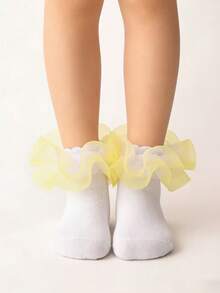 1 Pair Girls/Kids Ruched Hem Socks, Daily Wear Princess Baby Pleated Lace Trim Socks - Yellow - View 2