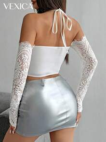 Vexica 女士性感休闲白色蕾丝系带半袖露背上衣，修身长袖衬衫，适合婚礼宾客、新娘送礼会、日常穿着及度假穿着 - 白色 - 查看 7