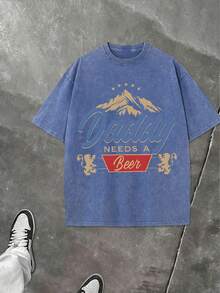 GLEC Dad Needs A Beer! This Retro Street Style T-Shirt Is A Classic Retro Fashion Casual Mountain Lion Popular Letter Pattern Print, Made Of 230g Washed Cotton. It's A Versatile Retro Street Style, A High-Quality Retro Fashion Brand For Men In Summer. It's Loose, Soft, Comfortable, And Comes In Multiple Colors. It's Suitable For Spring And Summer Outdoor Wear, Has A Certain Thickness, And Can Be Worn Daily Or As A Gift For Friends, Parties, Back-To-School Gifts, New Year's Gifts, St. Patrick's Day Gifts, Or Father's Day Gifts. - 寶藍色 - 查看 1