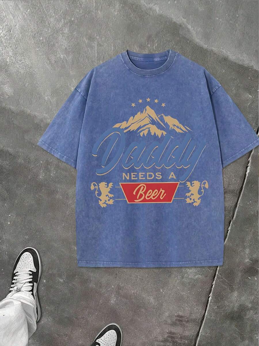 GLEC Dad Needs A Beer! This Retro Street Style T-Shirt Is A Classic Retro Fashion Casual Mountain Lion Popular Letter Pattern Print, Made Of 230g Washed Cotton. It's A Versatile Retro Street Style, A High-Quality Retro Fashion Brand For Men In Summer. It's Loose, Soft, Comfortable, And Comes In Multiple Colors. It's Suitable For Spring And Summer Outdoor Wear, Has A Certain Thickness, And Can Be Worn Daily Or As A Gift For Friends, Parties, Back-To-School Gifts, New Year's Gifts, St. Patrick's Day Gifts, Or Father's Day Gifts. - 寶藍色 - 查看 1
