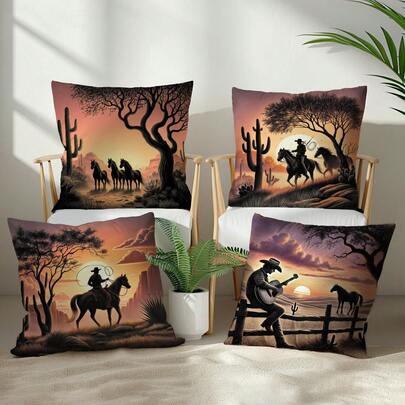4pcs Vintage Desert Western Cowboy Style Throw Pillow Covers, Single-Sided Printed Peach Velvet Polyester Material, 45*45CM/18*18inch Cushion Covers Suitable For Room Decor, Modern Minimalist Sofa Living Room Decoration, Gift, Party Decor