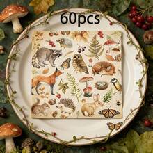 20pcs/40pcs/60pcs,Disposable Napkins With Forest Animal Themed Decor & Mushroom Pattern, Suitable For Weddings, Parties And Birthday Gatherings, Retro Animal Pattern Napkins (Fox, Squirrel, Rabbit, Mushroom), Size 13*13 Inches - View 11