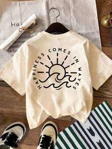 Plus Size Women Summer Casual Vacation Daily Commute Simple Drawing Sun Wave Letter Print Loose Fit T-Shirt Comfy Sets Summer Women Summer Lounge Set Cute Summer Sets Summer Clothes Set Summer Matching Set-New Minimalist-Style Summer And Autumn Apparel - 杏子2 - 查看 2