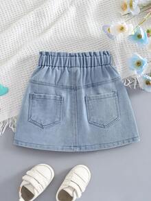 女婴不对称心形刺绣荷叶边下摆牛仔裙 - 藍色 - 查看 6